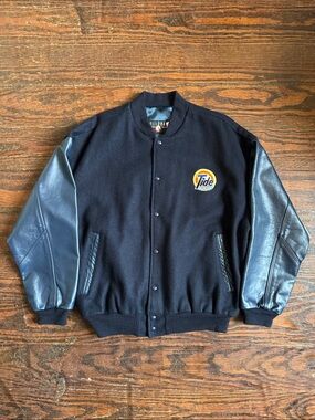 Tide Navy Wool Varsity Racing Jacket with Navy Blue  Leather Sleeves Men’s M